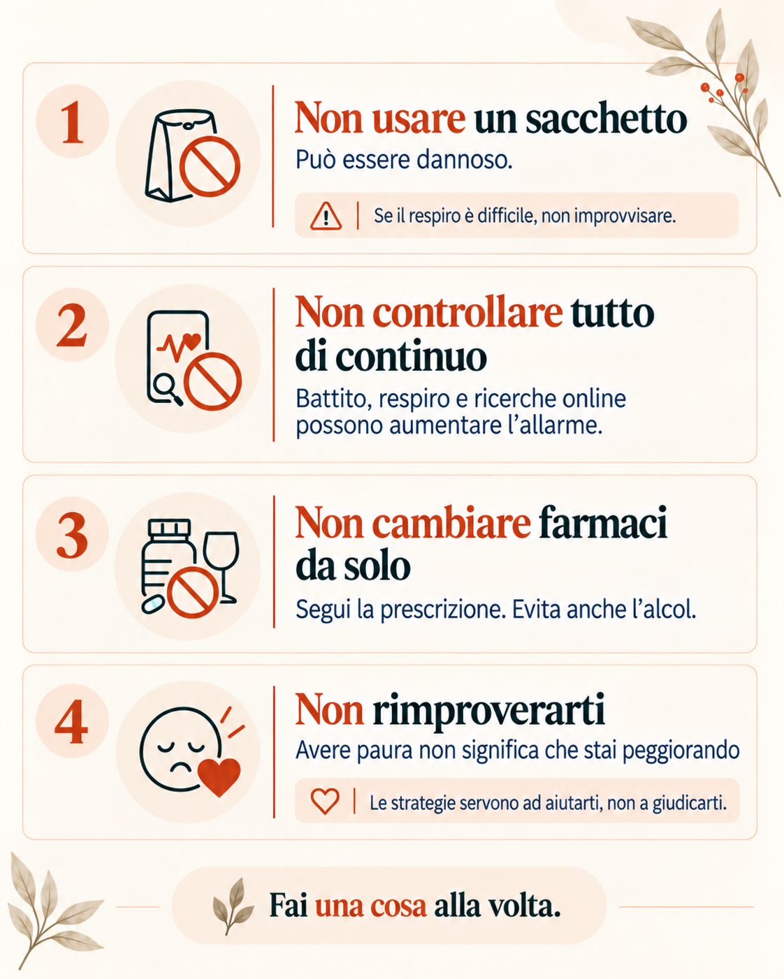 Cosa evitare durante un attacco di panico: respirare in un sacchetto, controllare continuamente i sintomi, cambiare farmaci da soli e rimproverarsi