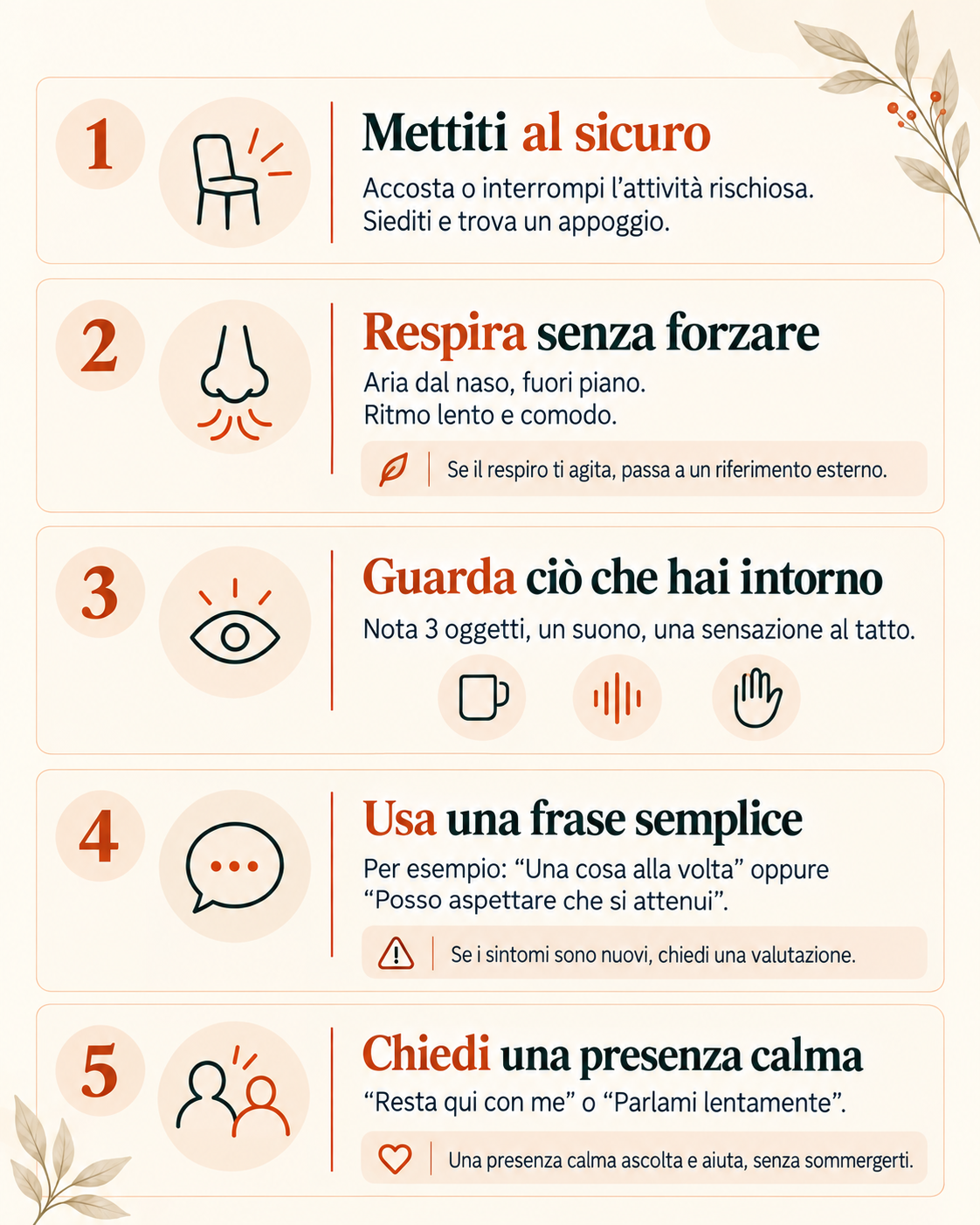 Cinque azioni durante un attacco di panico: mettersi al sicuro, respirare senza forzare, osservare l’ambiente, usare una frase semplice e chiedere una presenza calma