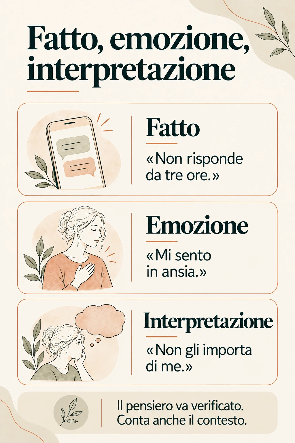 Un esempio distingue il fatto che una persona non risponda, l’ansia provata e l’interpretazione che non le importi.