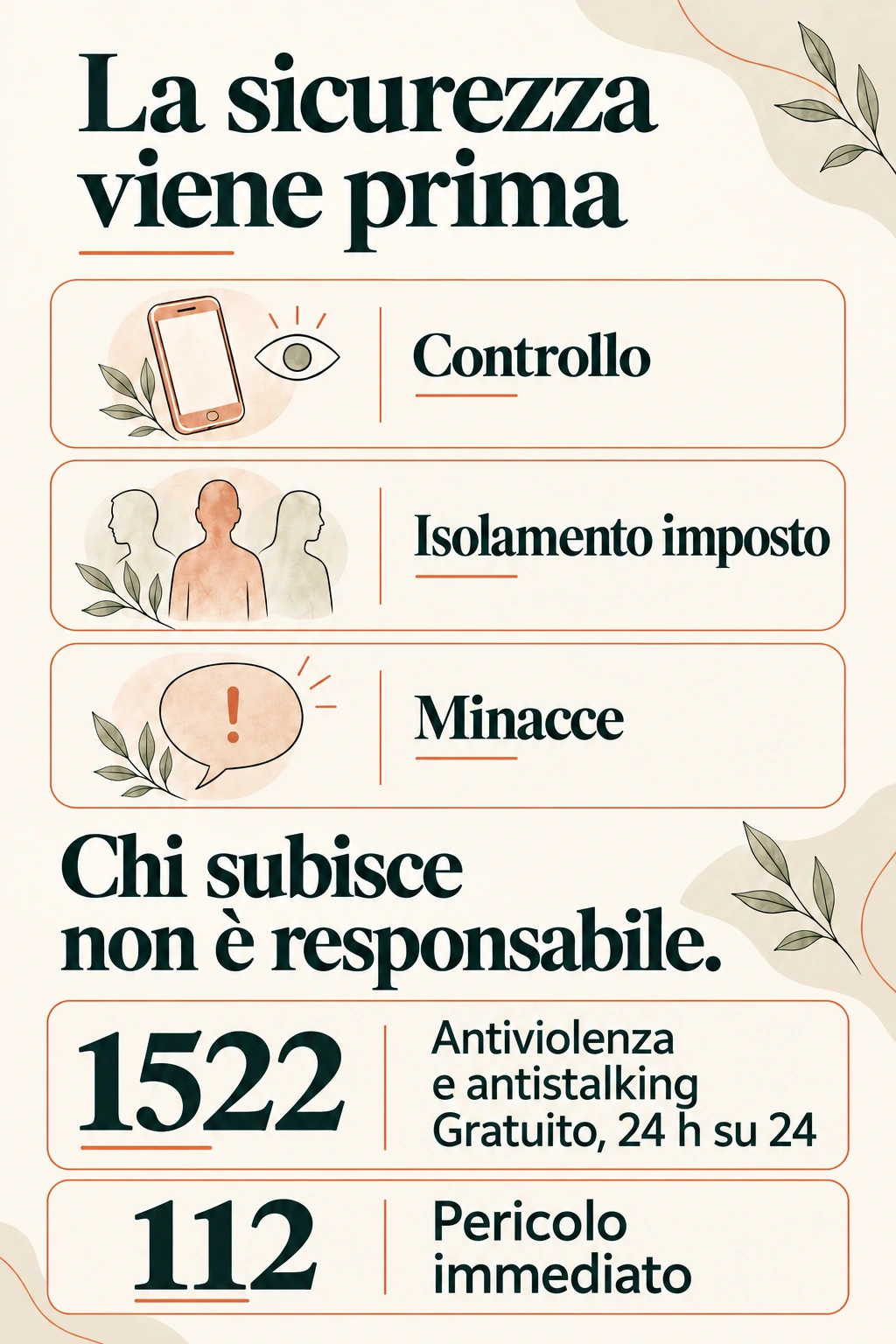 Controllo, isolamento imposto e minacce: chi subisce non è responsabile. In Italia il 1522 offre supporto antiviolenza e antistalking, il 112 risponde alle emergenze.