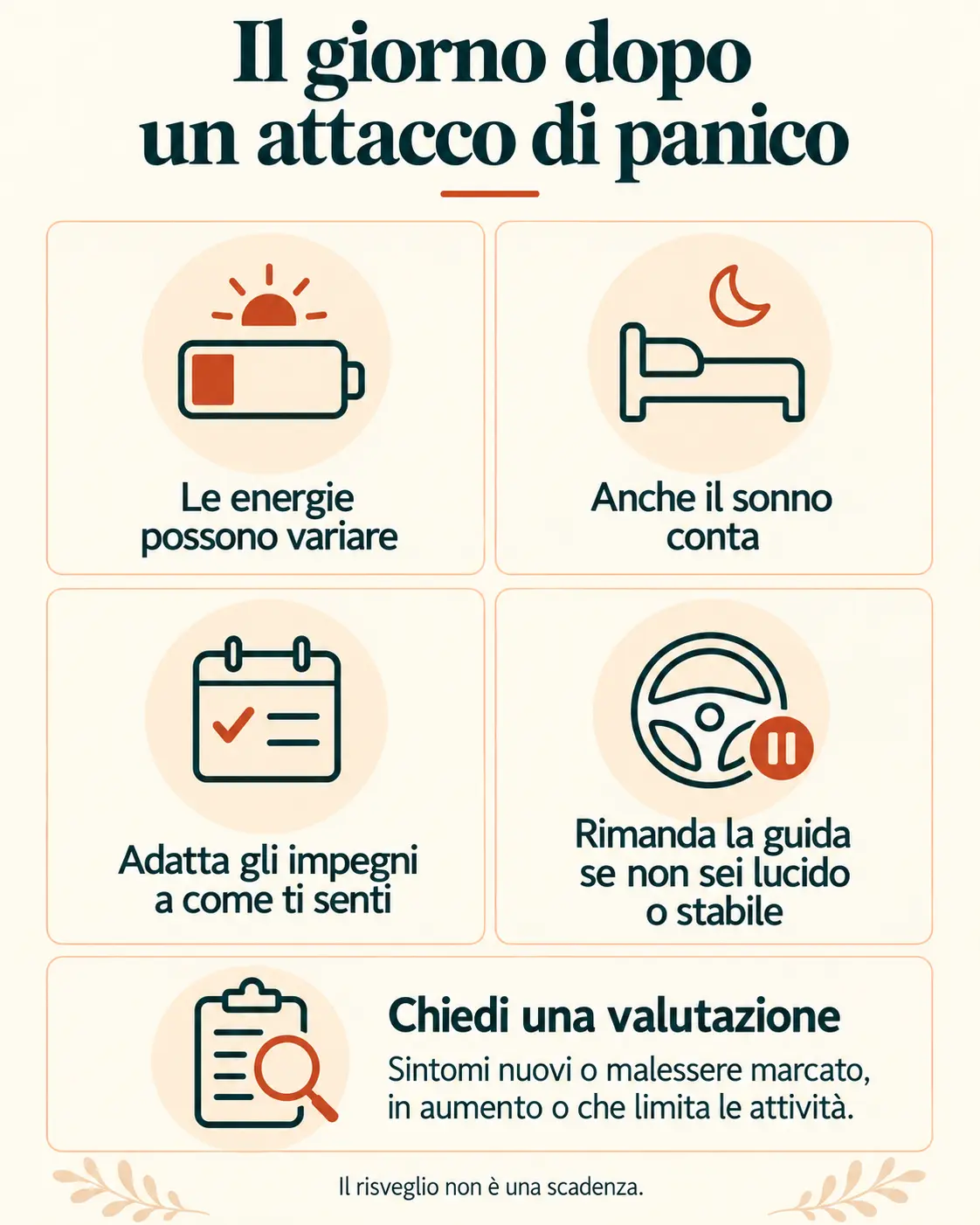 Il giorno dopo: energie e sonno possono variare. Adatta gli impegni, rimanda la guida se non sei lucido o stabile e chiedi una valutazione per sintomi nuovi o malessere marcato, in aumento o limitante.