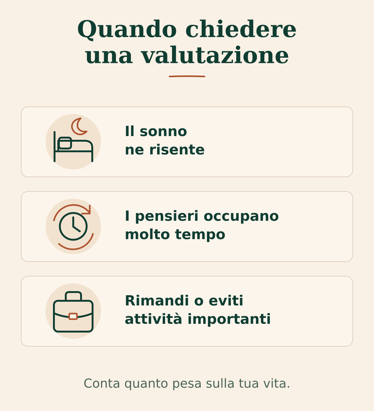 Quando chiedere una valutazione: il sonno ne risente, i pensieri occupano molto tempo, rimandi o eviti attività importanti. Conta quanto pesa sulla tua vita.