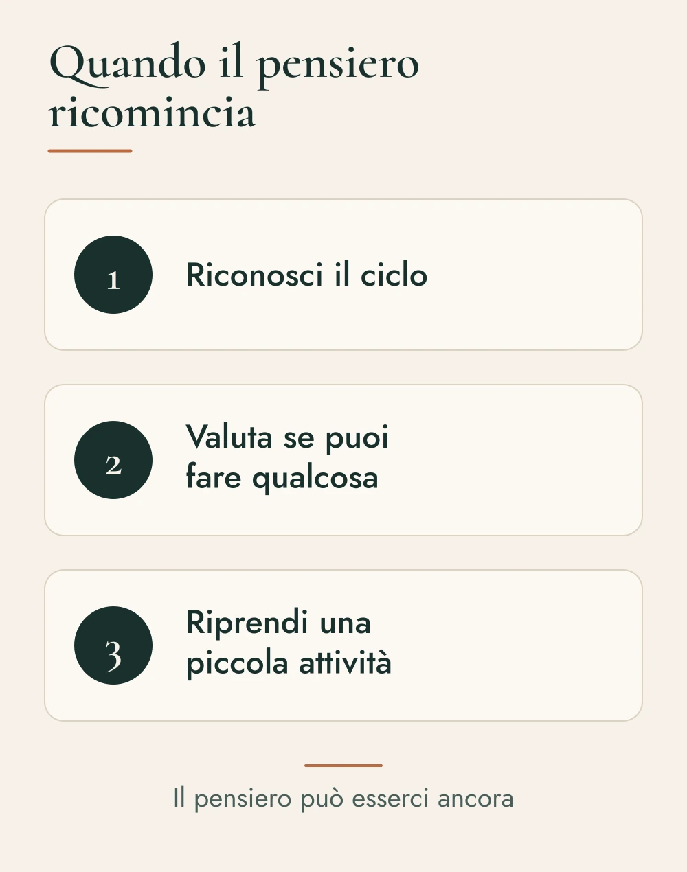 Quando il pensiero ricomincia: riconosci il ciclo, valuta se puoi fare qualcosa e riprendi una piccola attività. Il pensiero può esserci ancora.